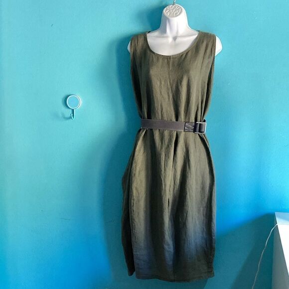 Oversized Olive Green 100% Linen Dress Avant Garde Like Rundholz "One Size" - Picture 10 of 11